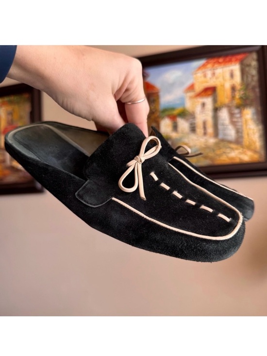 Vintage Shoes - Vintage Leather Suede Black White Cole Haan Mules Flats 7